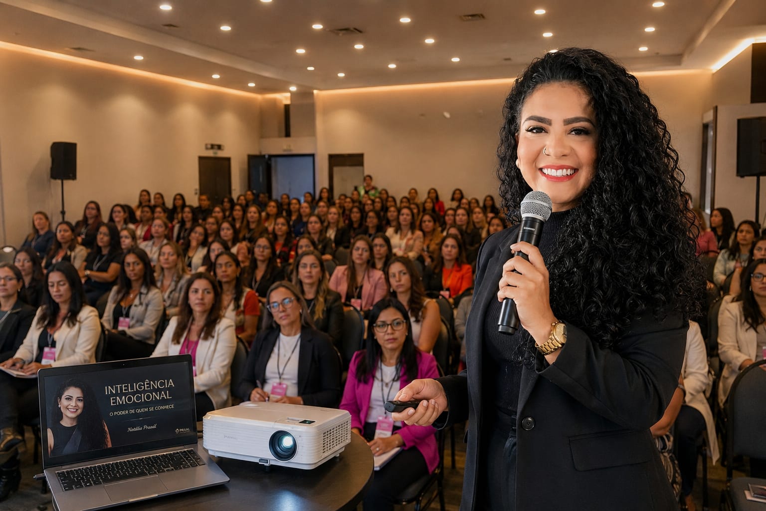Natália Pardal palestrando para centenas de mulheres sobre inteligência emocional